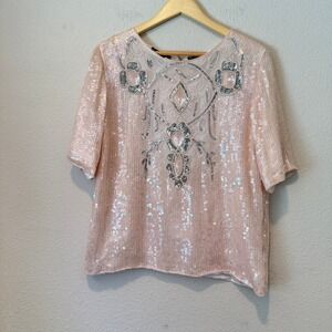 Vintage Nite Waves Pink Silk Sequin Beaded Blouse Short Sleeve Evening Top L